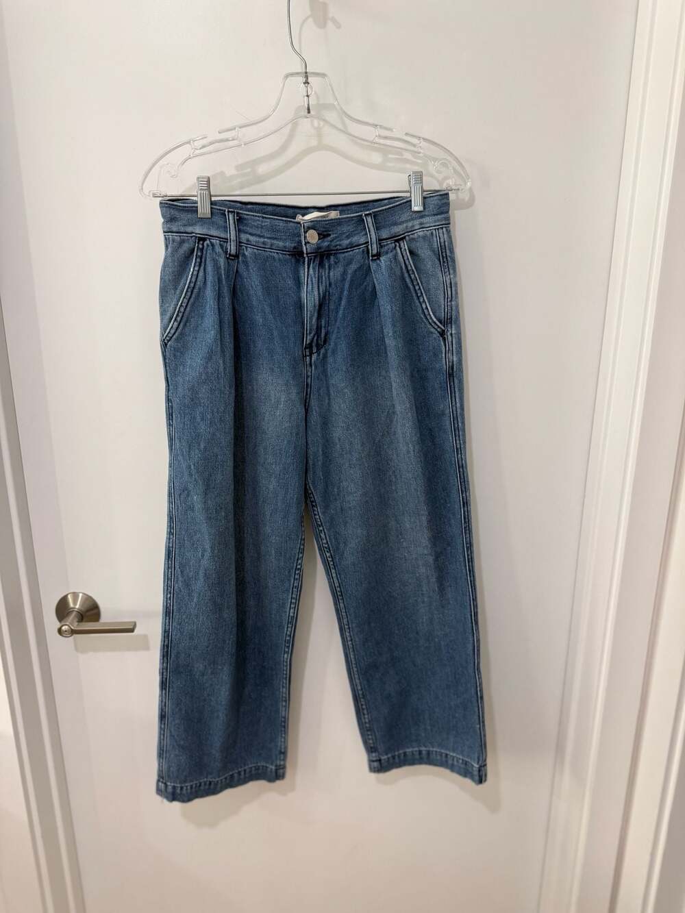 We The Free Blue Denim Pleated High Rise Straight Leg Jeans